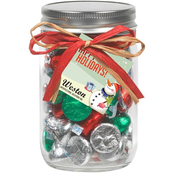 Raffia Bow Glass Mason Jar with Hershey's® Holiday Kisses®, 12oz.