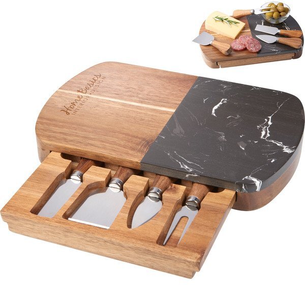 Black Marble Cheese Board Set w/Knives