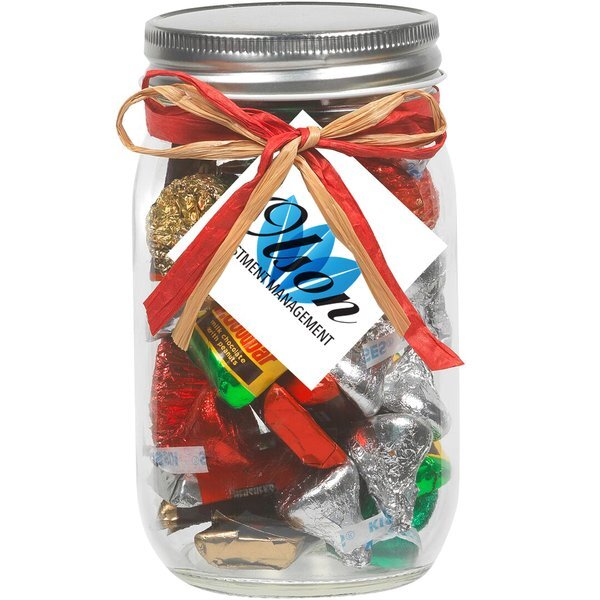 Raffia Bow Glass Mason Jar with  Hershey's® Holiday Mix™ , 16oz.