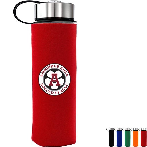 Metal Lanyard Lid Frosted Glass Sleeve Water Bottle, 22oz.