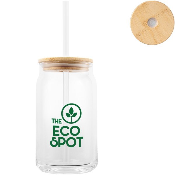 Soda Lime Glass Can w/ Bamboo Lid, 17oz.