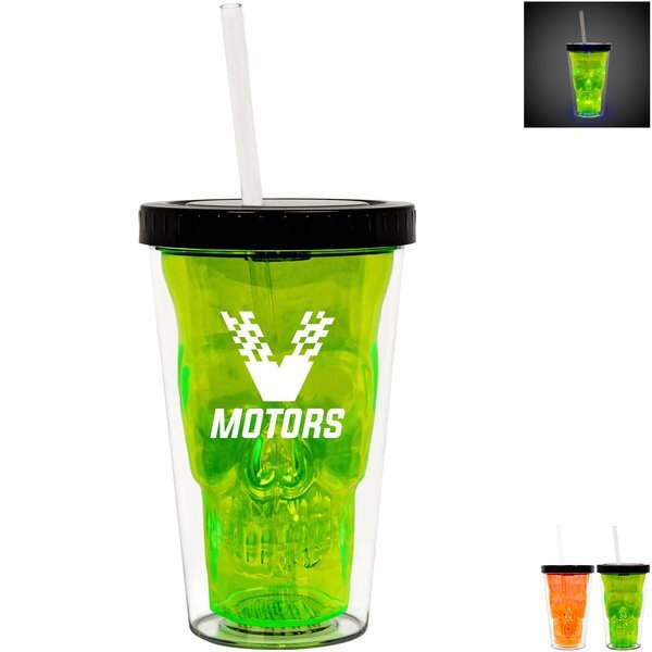 Neon LED Skull Plastic Tumbler & Straw, 16oz.