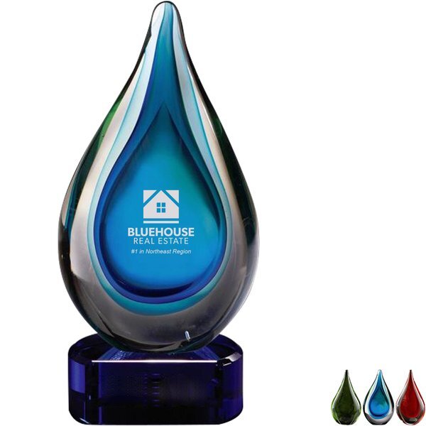 Fusion Teardrop Art Glass Award w/ Blue Base, 3.25" x 6.75"