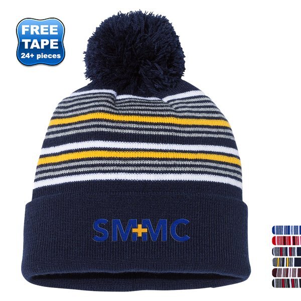 Sportsman™ 12" Striped Pom-Pom Cuffed Beanie