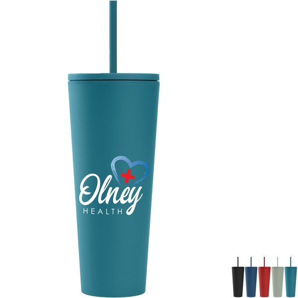 Spire Soft Touch Double Wall Recycled Plastic Tumbler w/ Straw, Full Color, 24oz.