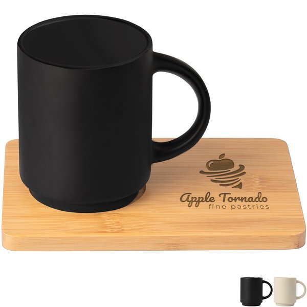 Café Duo Ceramic Mug & Bamboo Board Set, Laser Engraved, 11oz.