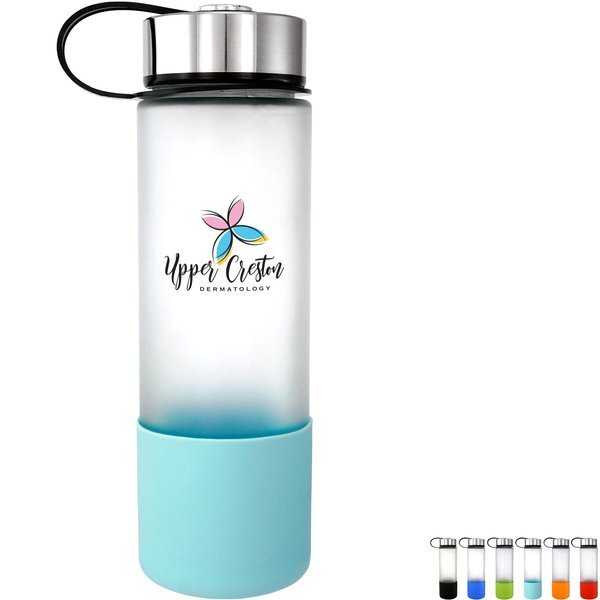 Metal Lanyard Lid Full Color Frosted Glass Grip Bottle, 22oz.