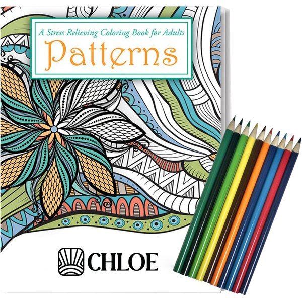 Patterns Stress Relief Adult Coloring Book w/ Colored Pencils Relax Pack Set