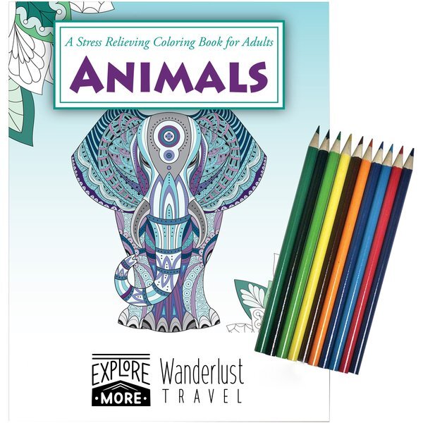 Animals Stress Relief Adult Coloring Book w/ Colored Pencils Relax Pack Set