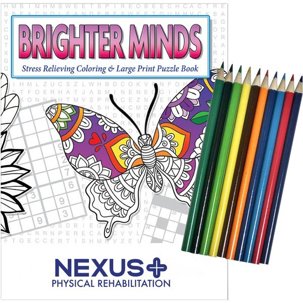 Brighter Minds Stress Relief Adult Coloring & Large Print Puzzle Book Combo w/ Colored Pencils Relax Pack Set