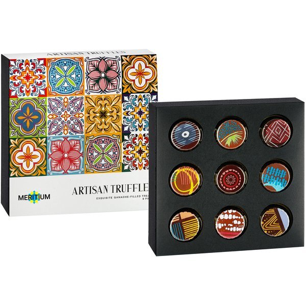 Artisan Truffle Box, 9 Pieces - Raspberry, Hazelnut, Rum, Tiramisu