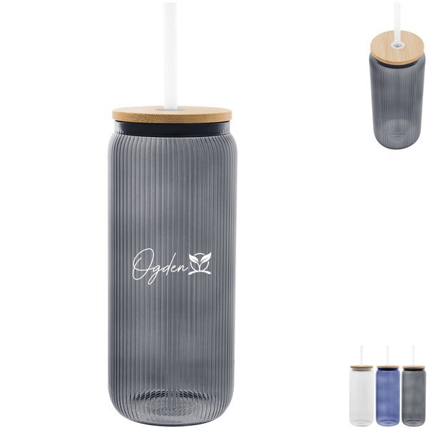 Ribbed Borosilicate Glass Can w/ Bamboo Lid, 20oz.