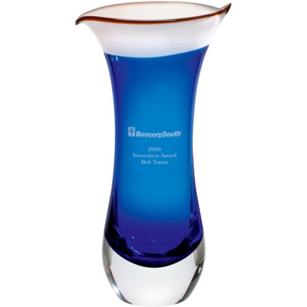 Blue Calla Lily Art Glass Vase Award, 13"