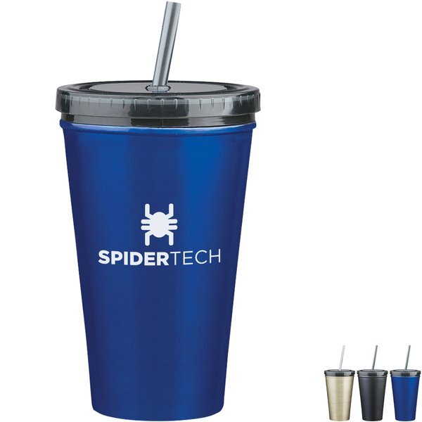 Double Wall Stainless Steel Tumbler w/ Straw, 16oz