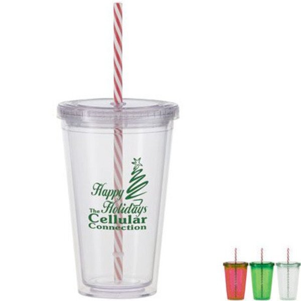 Acrylic Beverage Tumbler w/ Candy Cane Straw, 16oz., BPA Free