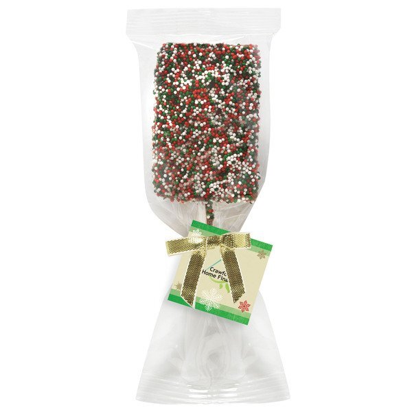 Chocolate Covered Crispy Pop with Holiday Nonpareil Sprinkles