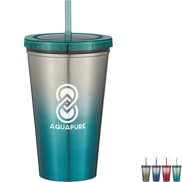 Stainless Steel Double Wall Chroma Tumbler With Straw, 16oz.