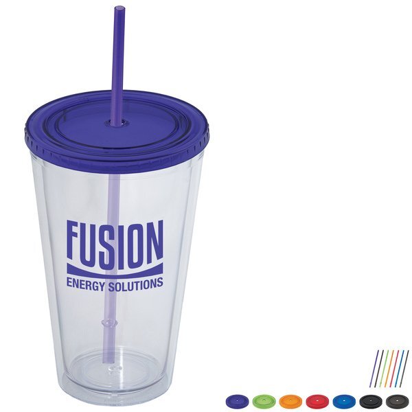 Double Walled Acrylic Tumbler w/Colorful Lid and Straw, 17oz.