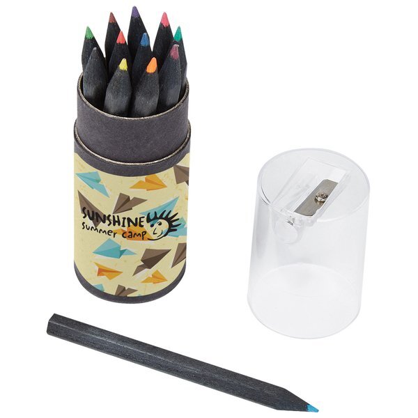 Colored Pencils In Matte Black Tube With Sharpener, 12 Piece