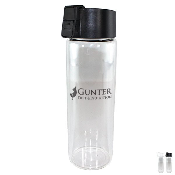 Durable Clear Glass Water Bottle w/ Flip Top Lid, 20oz.