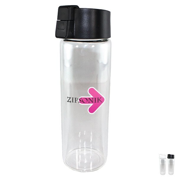 Durable Clear Glass Water Bottle w/ Flip Top Lid, 20oz., Full Color Imprint