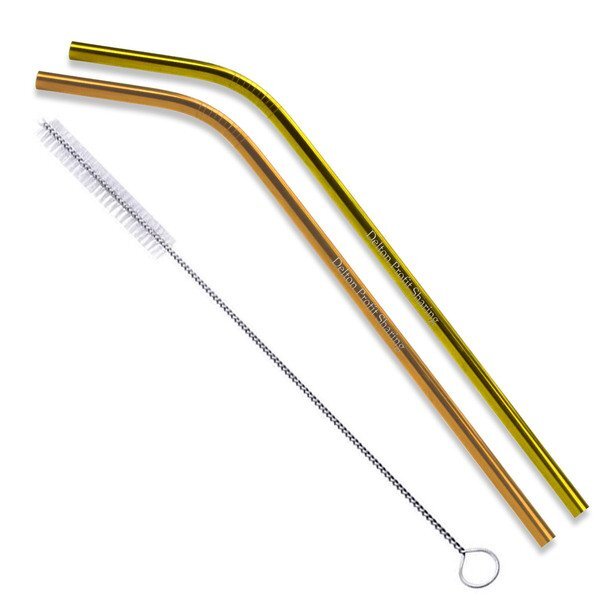 Gold & Copper Stainless Steel Bent Straw Set w/ Cleaning Brush