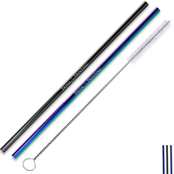 Set of 2 Colorful Stainless Steel Straws  w/ Cleaning Brush