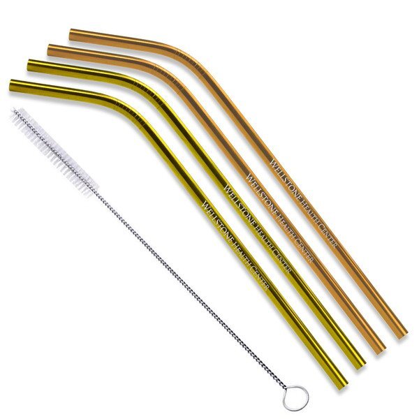 Gold & Copper Stainless Steel 4 Piece Bent Straw Set w/ Cleaning Brush