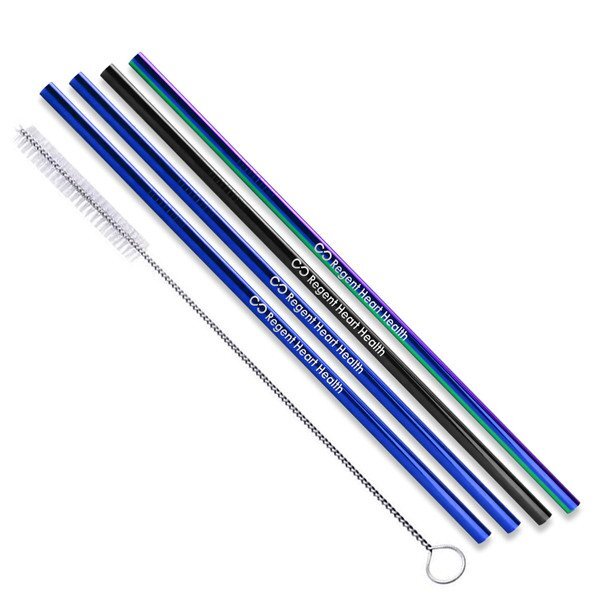Black, Blue, & Rainbow Stainless Steel 4 Piece Custom Straw Set w/ Cleaning Brush