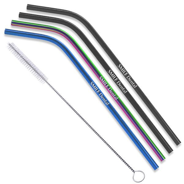 Black, Blue, & Rainbow Stainless Steel 4 Piece Bent Straw Set w/ Cleaning Brush