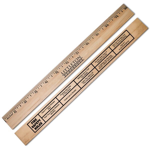 Natural Finish English Scale Wood Ruler with Fire Safety Rules, 12"
