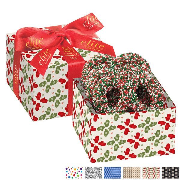 Chocolate Covered Pretzel Gift Box, Holiday Nonpareil Sprinkles