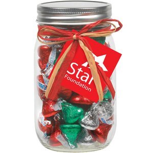 Raffia Bow Glass Mason Jar with Hershey's® Holiday Kisses®, 16oz. Raffia Bow Glass Mason Jar with Hershey's® Holiday Kisses®, 16oz.