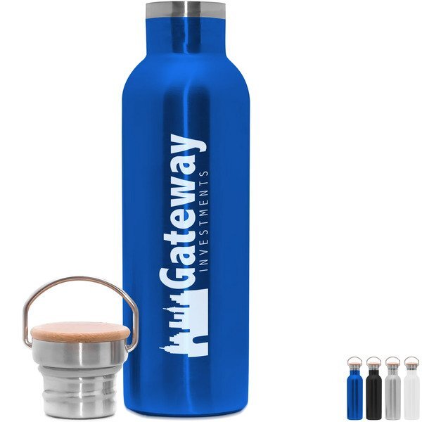 Stainless Steel Sport Bottle w/ Handle & Bamboo Lid, 22oz.
