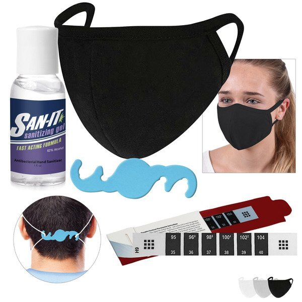 On Sale! Personal Safety Kit w/ Reusable Mask, 1oz. Antibacterial Hand Sanitizer, Thermometer & Ear Saver - IN STOCK