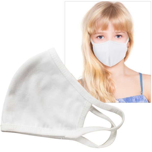 Tagless Reusable Double Layer Cotton Poly Face Mask Youth/Young Adult, White - IN STOCK