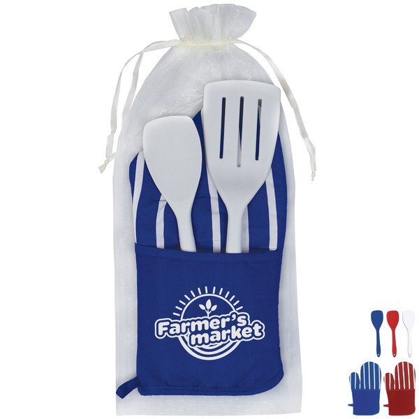 Chef's Therma-Grip Striped Oven Mitt, Silicone Spoon, and Spatula Combo