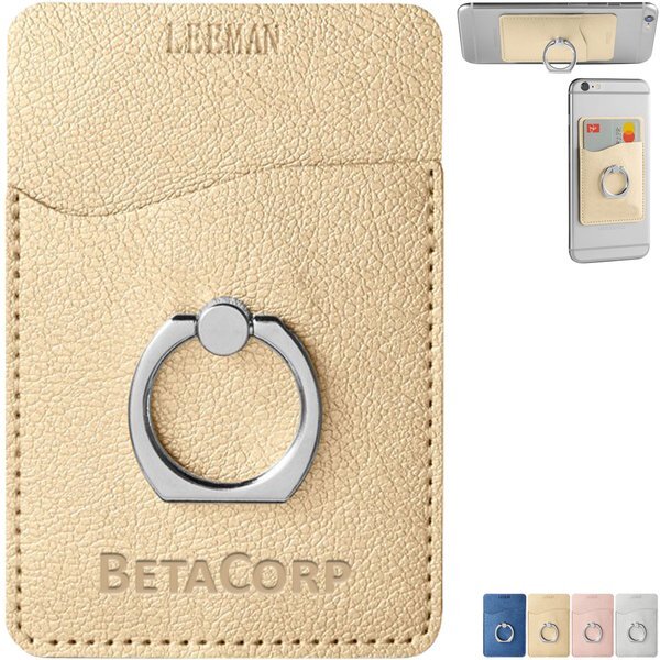 Leeman™ Shimmer Leatherette Card Holder w/ Metal Ring Phone Stand