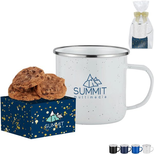 Gourmet Chocolate Chunk Cookie Box & Speckled Camping Mug Gift Set