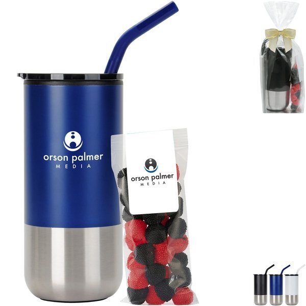 Gummy Raspberries & Blueberries Snack Pack & Tumbler w/ Stainless Steel Straw Set