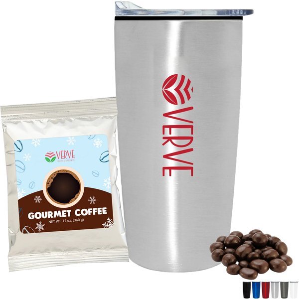 Holiday Gourmet Coffee Packet, Dark Chocolate Espresso Beans & Straight Tumbler w/ Plastic Liner Gift Set