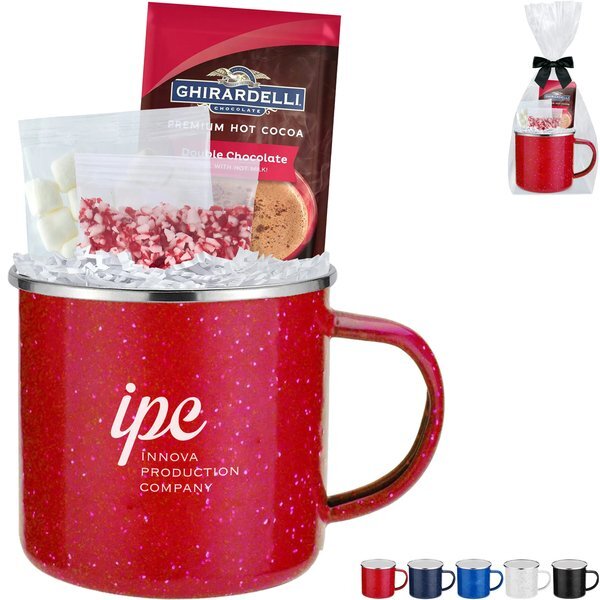 Ghirardelli® Hot Chocolate, Crushed Peppermint, Marshmallows & Speckled Camping Mug Gift Set