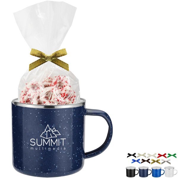 White Chocolate Pretzels with Crushed Peppermint in Camp Mug with Stuffer 16 oz.