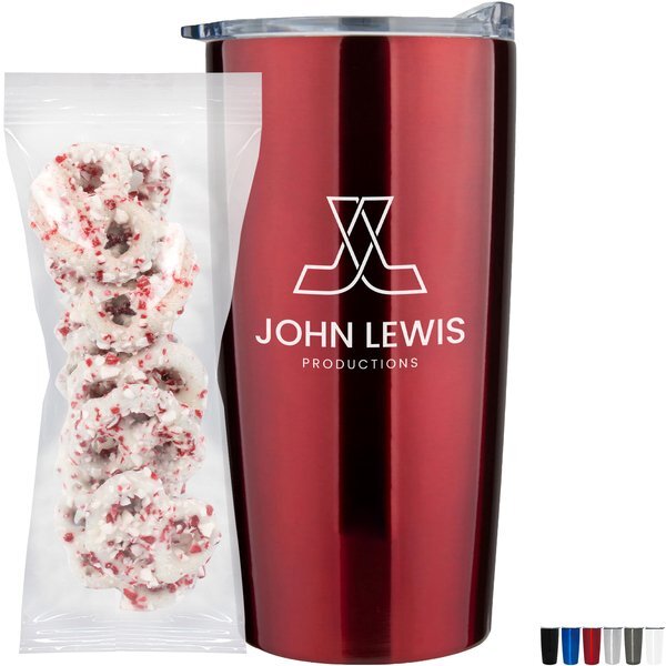 White Chocolate Pretzels w/ Crushed Peppermint  in Vacuum Sealed Wall Tumbler Gift Set 20 oz.