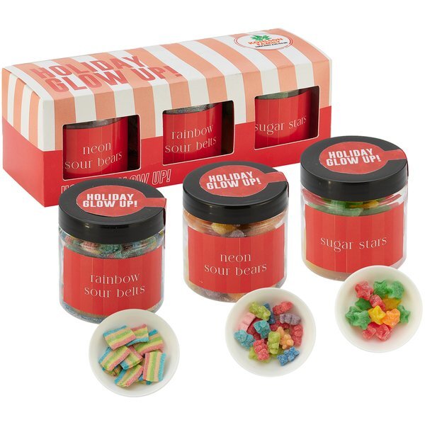 Rainbow Sour Belts, Neon Sugar Gummy Bears, Gummy Sugar Stars in Candy Jar Sets, 3 Way