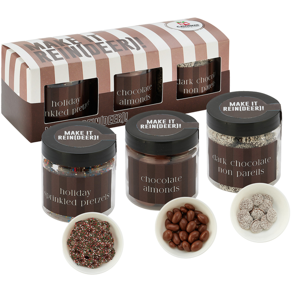 Chocolate Almonds, Chocolate Sprinkled Pretzels, Dark Chocolate Nonpareils in Candy Jar Sets, 3 Way