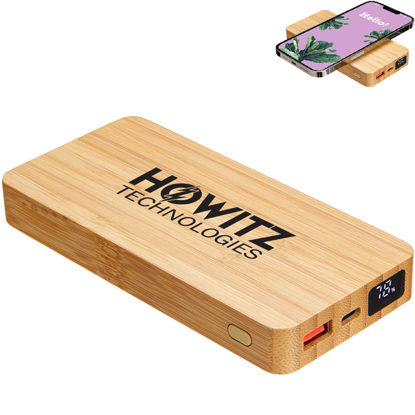 Bamboo Dual Port Power Bank w/ 10W Wireless Charger, 10000mAh