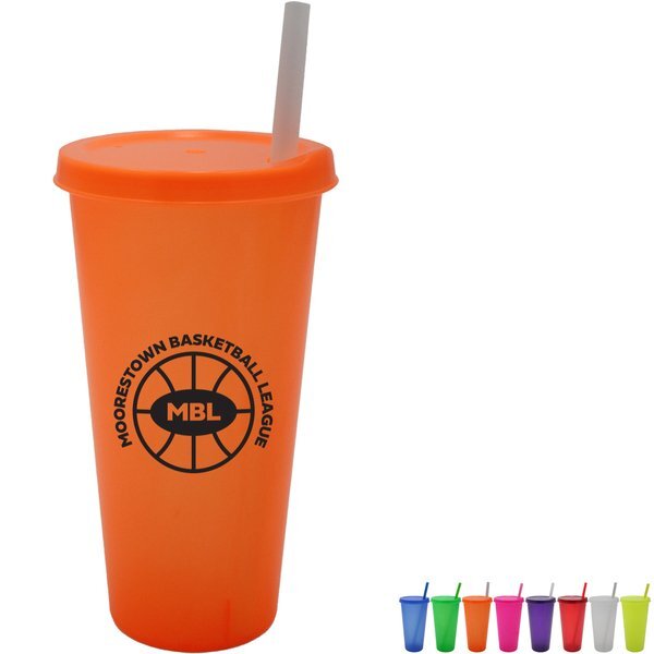 Plastic Colors Cup w/ Lid & Straw, 26oz.